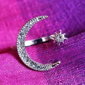Crescent moon ring star silver tone celestial jewelry lunar